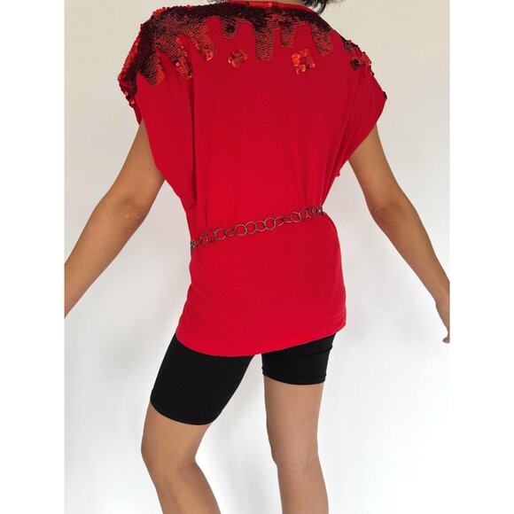 80s vintage red sequin embellished funky cotton short sleeved tee shirt large - Picture 5 of 9